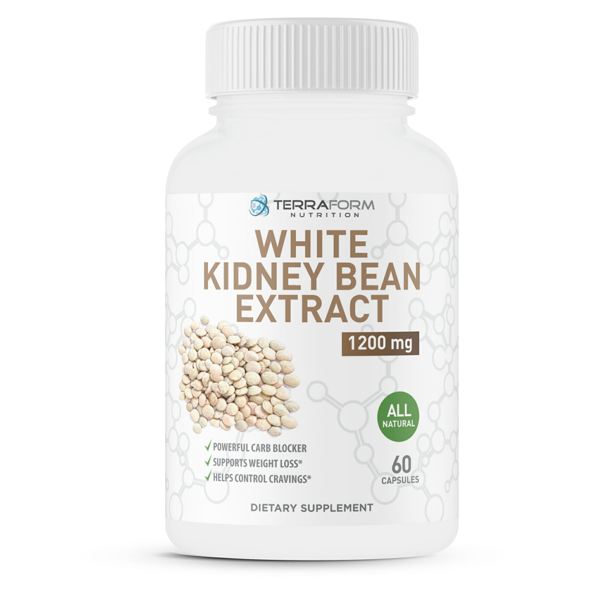100 Pure White Kidney Bean Extract 1200mg 60 Capsules TerraForm