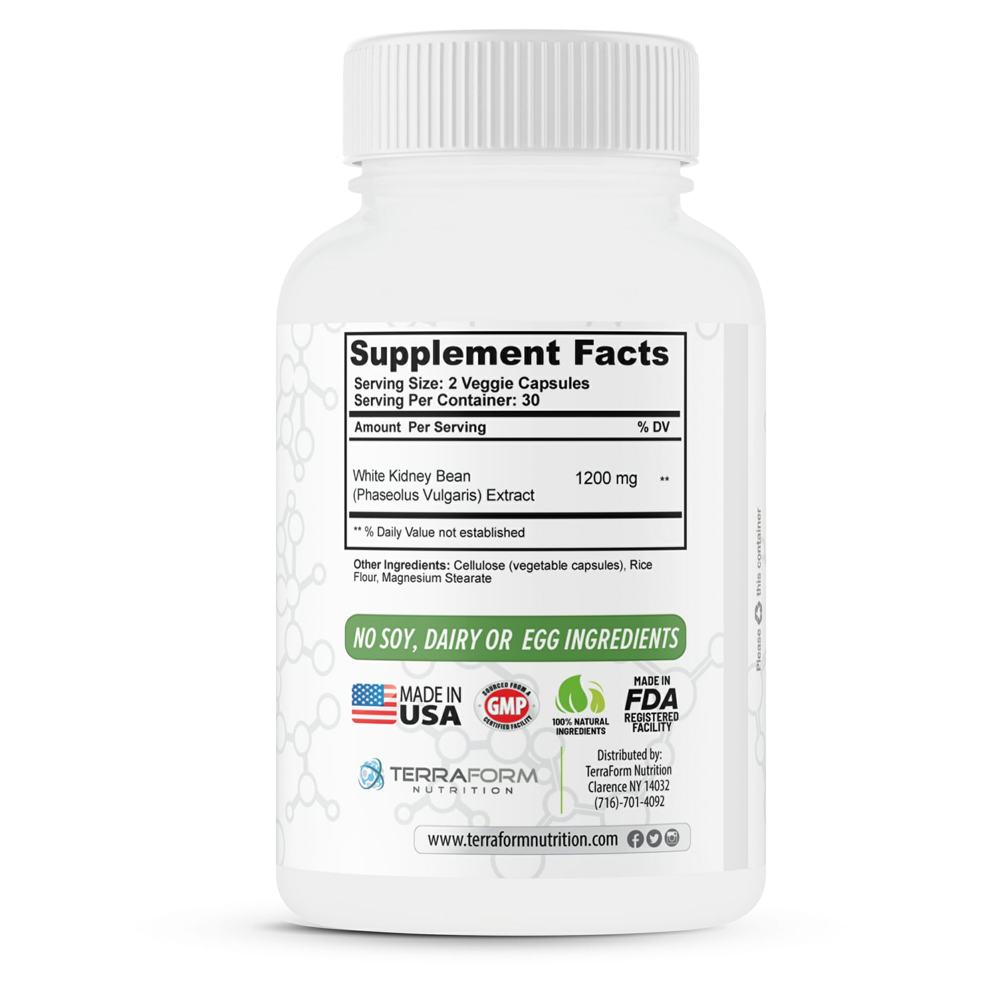 100 Pure White Kidney Bean Extract 1200mg 60 Capsules TerraForm