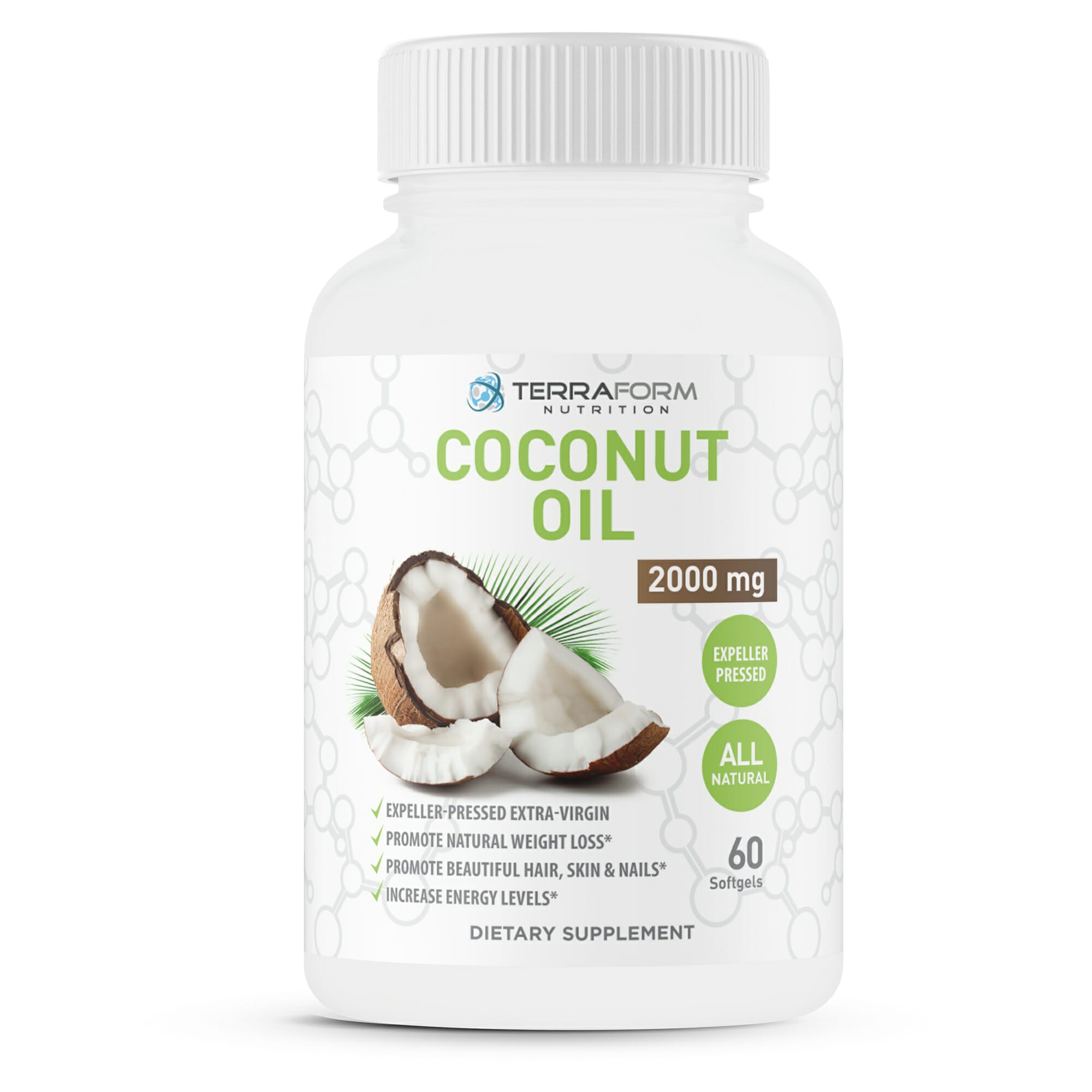 Coconut Oil Capsules Extra Virgin ExpellerPressed 2000mg 60 Softgels