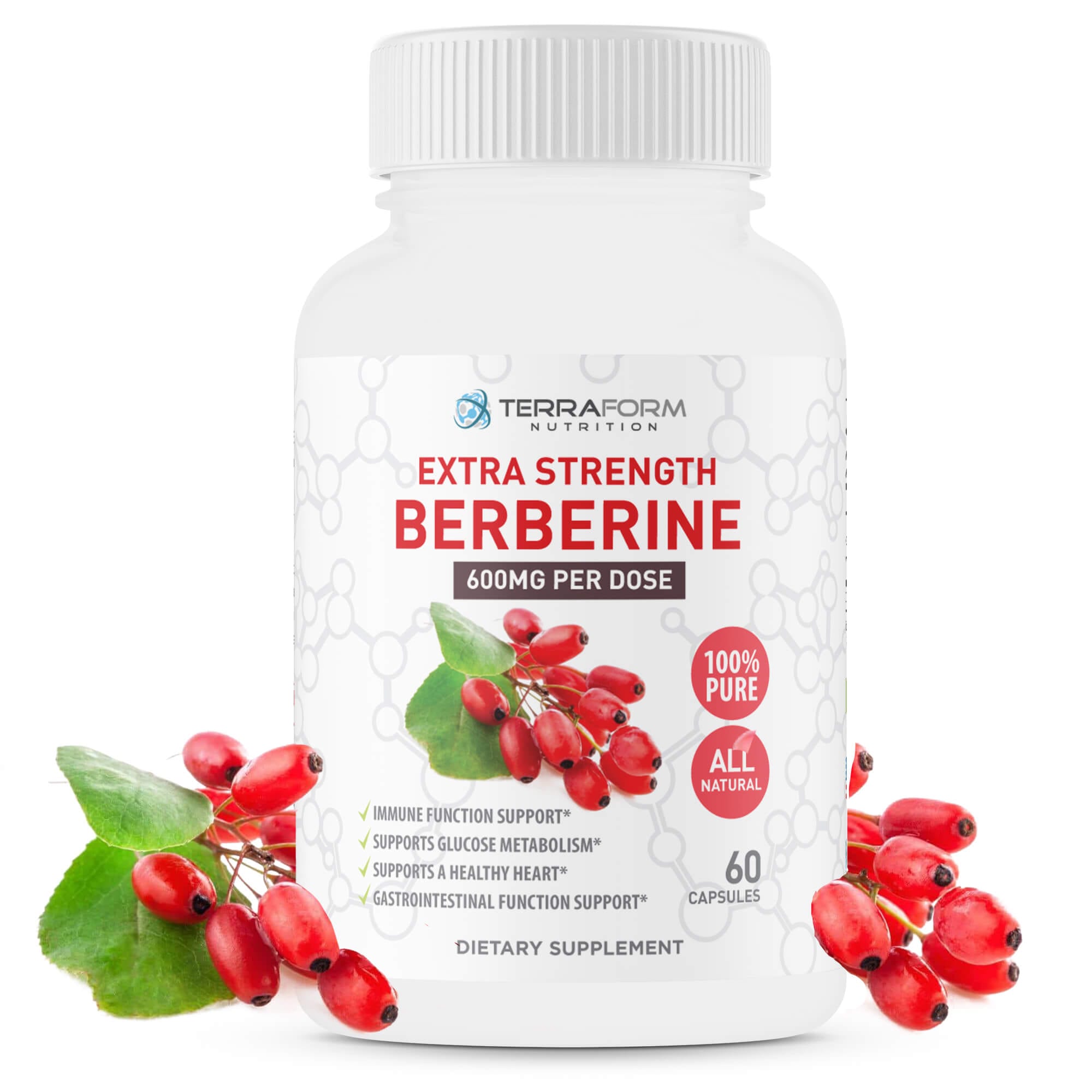 Pure Berberine 1200mg Max Strength Daily 1 Month Supply, 60 Capsules TerraForm Nutrition