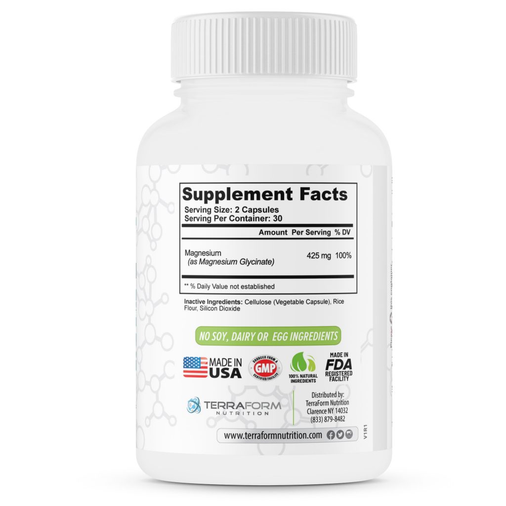 Advanced Magnesium Glycinate 425mg 100 Chelated 60 Capsules TerraForm Nutrition